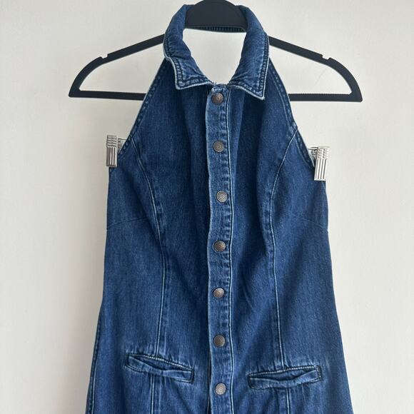 Free People Denim Jumpsuit 8 Blue Flared Halter One Piece Low Back 70s Retro - Picture 5 of 11